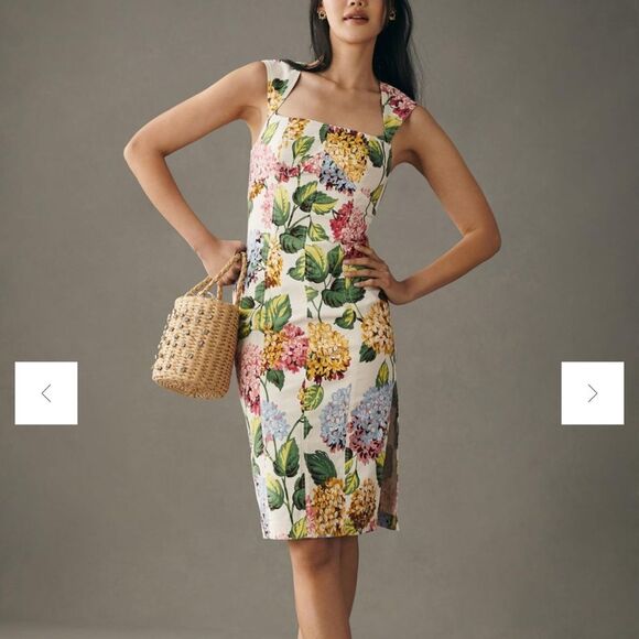 By Anthropologie Slim Square-Neck Sheath Midi Dress Hydrangea Print size 2 - Picture 1 of 8